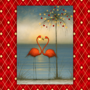 Cartão De Festividades Casal de Flamingo Tropical com Palmeira de Natal