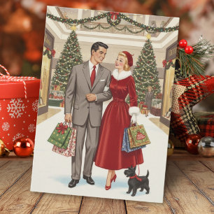 Cartão De Festividades Casal de Natal Vintage Retro com Cachorro Scotty