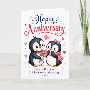 Cartão De Festividades Casal de Pinguins Fofos Feliz Aniversário
