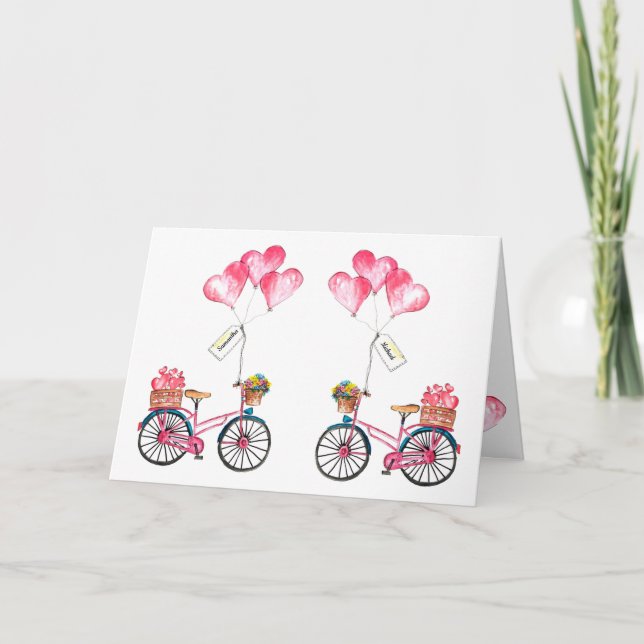 Cartão De Festividades Casal Dia dos Namorados Rosa Azul Bicicleta Balão  (Frente)