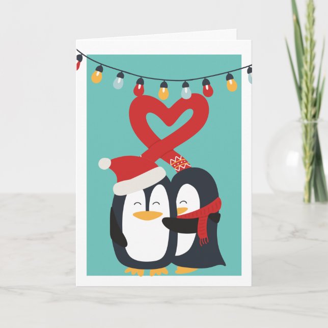 Cartão De Festividades Casal Pinguim Bonito Personalizado Natal (Frente)