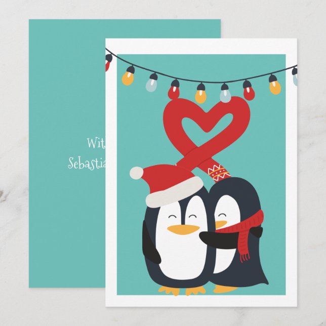 Cartão De Festividades Casal Pinguim Bonito Personalizado Natal (Frente/Verso)