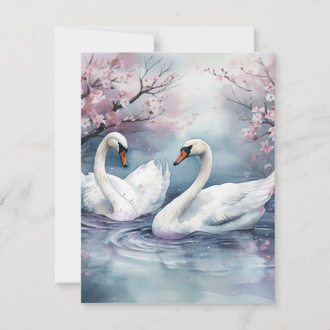Cartão De Festividades Casal Swan de Aquarela (Frente)