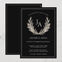 Cartão De Festividades Casamento Botânico Monograma Preto Elegante