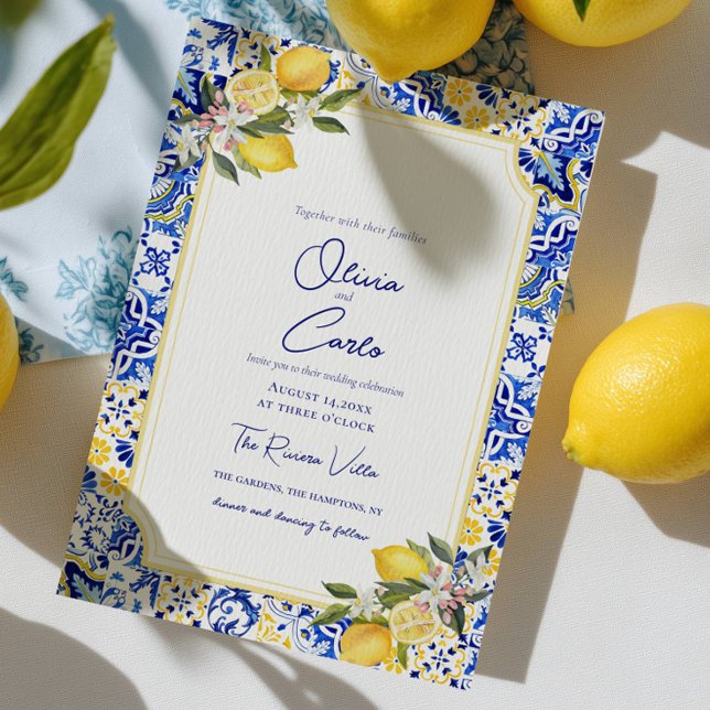 Cartão De Festividades Casamento de Azulejos e limões no Mediterrâneo ita (Italian Mediterranean Tile & Lemon Wedding Holiday Card)