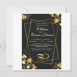 Cartão De Festividades Casamento Elegante Negro e Dourado
