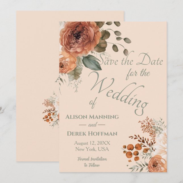 Cartão De Festividades Casamento Floral do Elegante Terracotta Salvar a D (Frente/Verso)