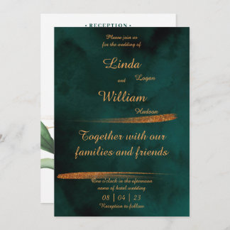 Cartão De Festividades Casamento Floral Escuro Verde e Dourado