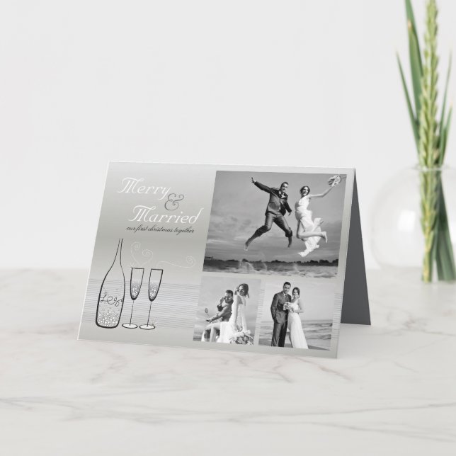 Cartão De Festividades Casamento Fotográfico de Champagne de prata casada (Frente)