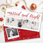 Cartão De Festividades Casamento Moderno Da Colagem De Fotos 3 E Casado<br><div class="desc">Este moderno anúncio de casamento de 8 "x4" ou um primeiro cartão de natal para o novo casal apresenta 3 imagens de colagem na frente e uma simples saudação de Natal que diz "Casado e Brilho" em um roteiro de caligrafia de tendências e vermelho festivo. A parte traseira do cartão...</div>