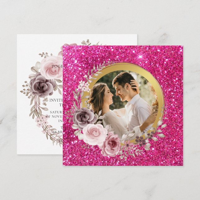 Cartão De Festividades Casamento Verde Dourado Floral Rosa Blush e Borgon (Frente/Verso)