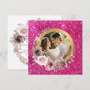 Cartão De Festividades Casamento Verde Dourado Floral Rosa Blush e Borgon