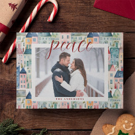 Cartão De Festividades Casas de Aquarela de Foto de Natal Horizontais