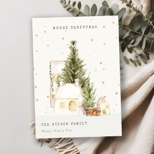 Cartão De Festividades Casas de Árvore Branca de Neve Saudações Feliz de