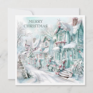 Cartão De Festividades Casas de Natal Vintage Neve Azul Rosa Branco
