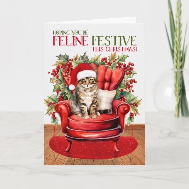Cartão De Festividades Castanho Tabby Natal Gato FELO Festivo (Frente)