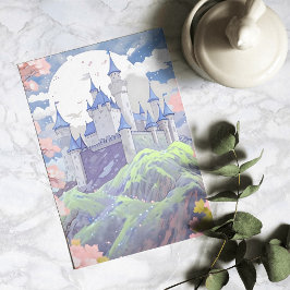 Cartão De Festividades Castelo de Contos de Fadas Paisagem em Aquarela Pa