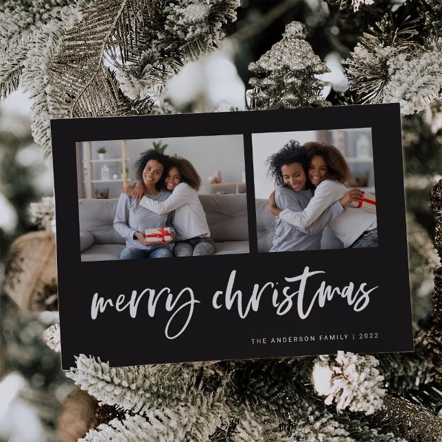 Cartão De Festividades Casual Script Dois Grid de Fotos | Feliz Natal (Criador carregado)