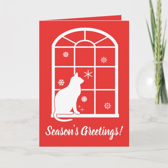 Cartão De Festividades Cat Observando Flocos de Neve através da Janela (Frente)