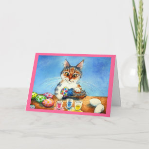 Cartão De Festividades Cat painting Easter eggs with tail