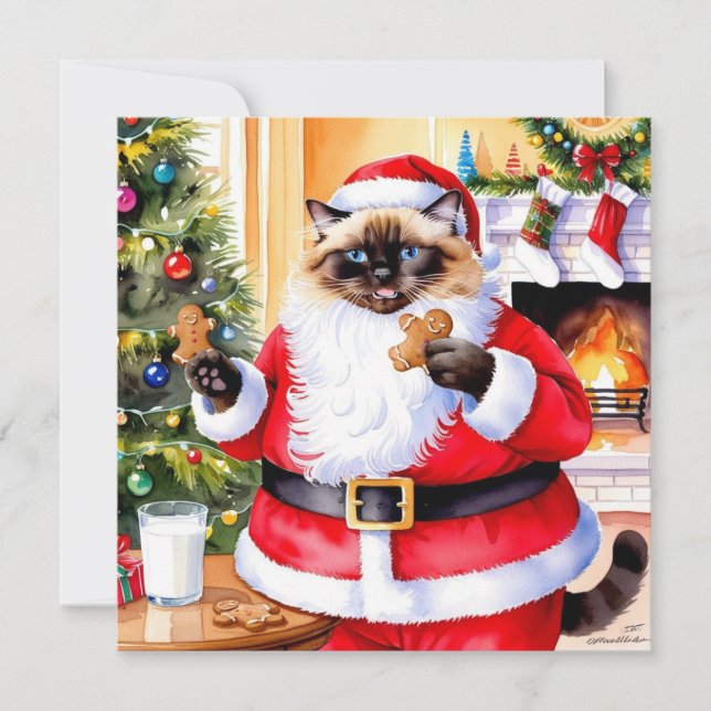 Cartão De Festividades Cat Papai Noel com pão Ginger (Frente)