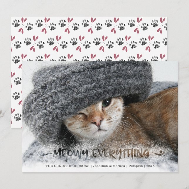 Cartão De Festividades Cat Photo Snowy Brush Script MEOWY TUDO (Frente/Verso)