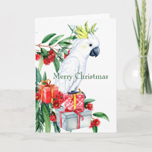 Cartão De Festividades Catatua Branco Apresenta Feliz Natal