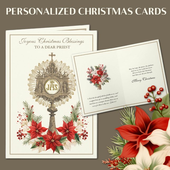 Cartão De Festividades Católico Eucarista Poinsettia Floral (Traditional Catholic Christmas Cards with Poinsettias and Eucharist)