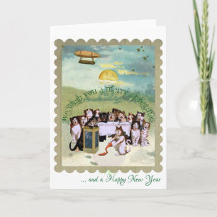 Cartão De Festividades Cats singing with a steampunk christmas theme