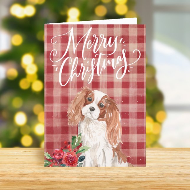 Cartão De Festividades Cavalier King Charles Spaniel Red Xadrez Natal (Criador carregado)
