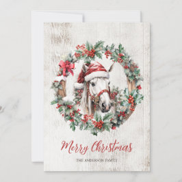 Cartão De Festividades Cavalo branco Chapéu de Papai Noel Grinalda de Nat