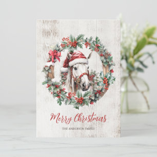 Cartão De Festividades Cavalo branco chapéu de Papai Noel grinalda de Nat