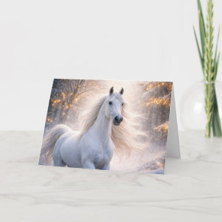 Cartão De Festividades Cavalo Branco com Crina Fluindo na Neve Natal