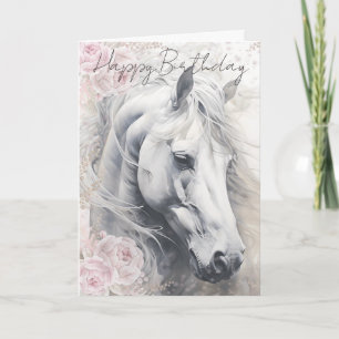 Cartão De Festividades Cavalo Branco Floral Elegante