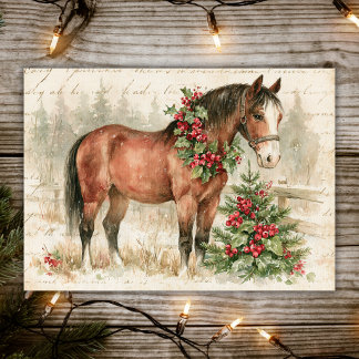 Cartão De Festividades Cavalo com Coroa de Azevinho e Árvore de Natal Vin