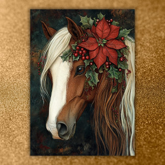 Cartão De Festividades Cavalo com Poinsettia Vermelha e Azevinho de Natal