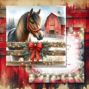 Cartão De Festividades Cavalo Festivo e Celeiro Rústico Vermelho Natal