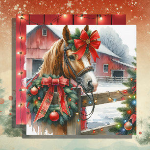Cartão De Festividades Cavalo Marrom Bonito em Arco Vermelho Natal