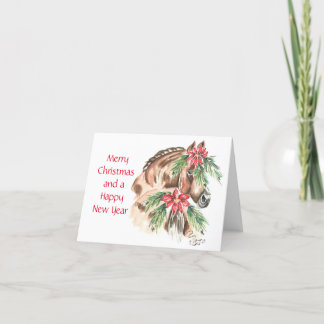 Cartão De Festividades Cavalo marrom com Poinsettia na cauda e topete