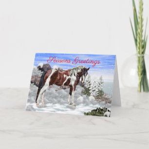 Cartão De Festividades Cavalo Painted Bay e Branco Tobiano na Neve