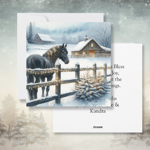 Cartão De Festividades Cavalo Preto em uma Fazenda de Natal Personalizada