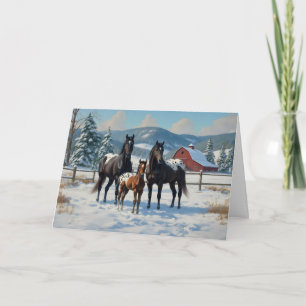 Cartão De Festividades Cavalos de Appaloosa Pretos numa Fazenda no invern