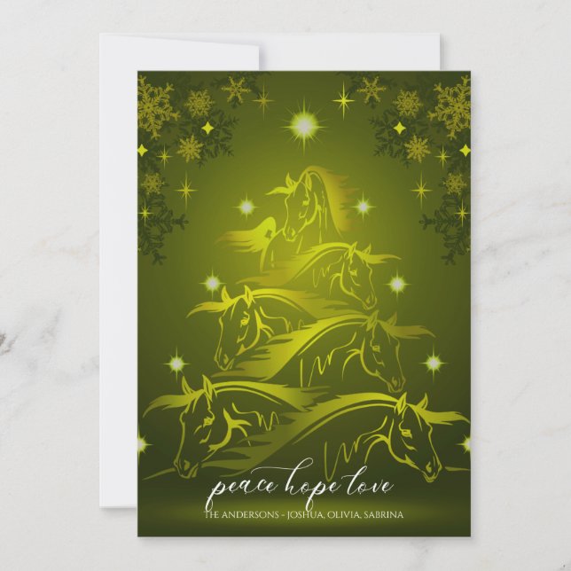 Cartão De Festividades Cavalos de Natal Verde Dourado e vibrantes (Frente)