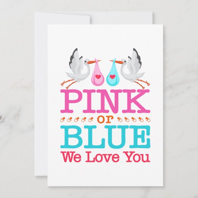 Cartão De Festividades Cegonha Revelação de Gênero Rosa ou Azul Nós Amamo (Frente)