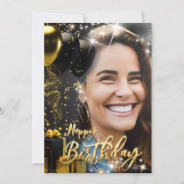 Cartão De Festividades Celebração de Aniversário Feliz Negro Dourado Eleg