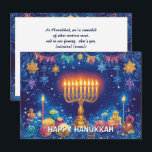 Cartão De Festividades Celebração de Luzes de Texto Personalizadas<br><div class="desc">Apresentando o "Cartão de Celebração do Festival das Luzes"! Este vibrante e festivo cartão de saudação do Chanucá é perfeito para espalhar alegria e calor durante o feriado. A frente apresenta uma bela menorah ilustrada com todas as velas acesas, cercadas por estrelas cintilantes, luzes cintilantes e símbolos tradicionais de Chanucá...</div>