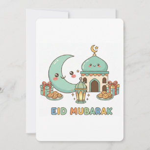 Cartão De Festividades Celebração Eid Mubarak - Lua Sorridente Kawaii