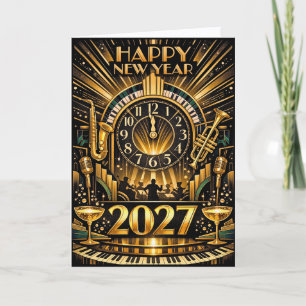 Cartão De Festividades Celebração Glamourosa de Ano Novo em Jazz Art Déco