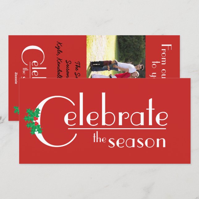 Cartão De Festividades Celebre o branco da estação na placa lisa vermelha (Frente/Verso)