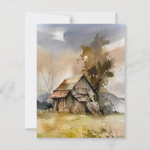 Cartão De Festividades Celeiro Esquecido em Aquarelas